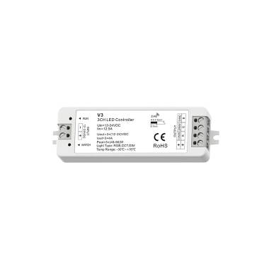 Produto de Controlador Regulador Fita LED 12-24V DC para Fita LED Monocor/CCT/RGB compatível com Comando RF