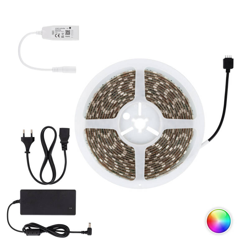 Producto de Kit Tira LED RGB 12V DC IP65 60LED/m 5m Ancho 10mm con Controlador WiFi y Fuente Alimentación Corte cada 5cm