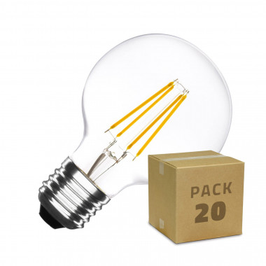 Caixa de 20 Lâmpadas LED E27  Regulável de Filamento Globo  G80 6W Branco Quente