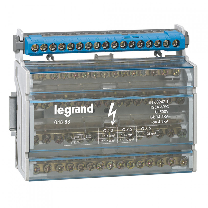 Repartidor Módular Monoblock 4P 125 A 15 conexiones 8 módulos LEGRAND 004888