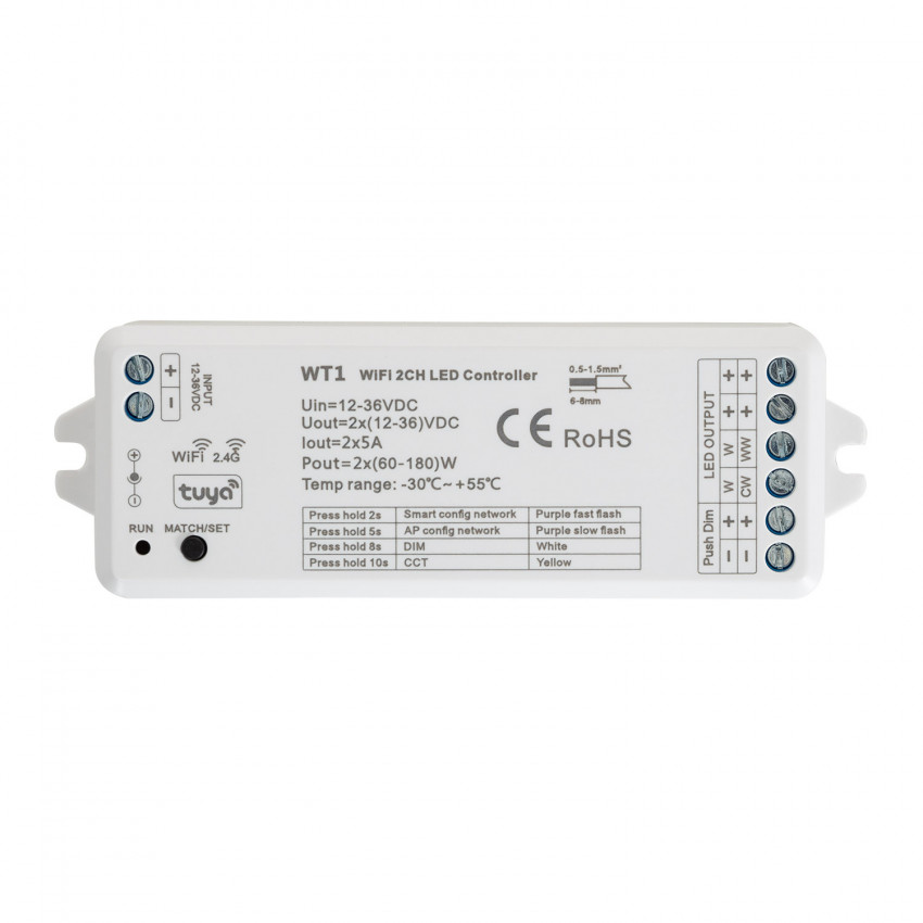Controlador Smart WiFi 2 Canais para Fita LED Monocor e CCT 