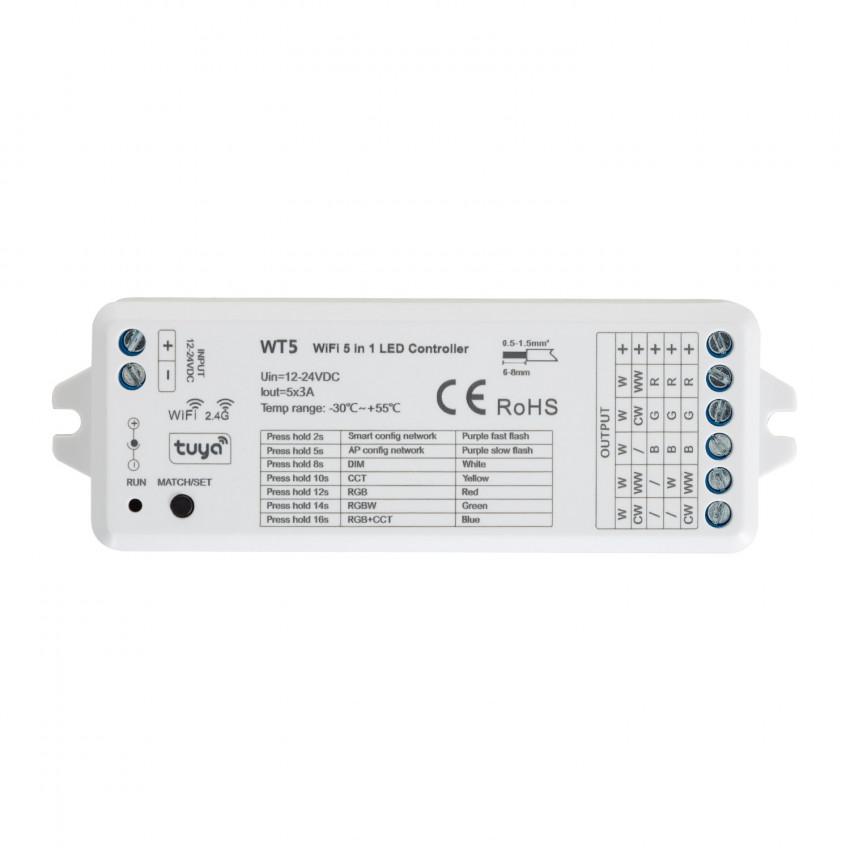 Controlador Smart WiFi 5 em 1 Canais para Fita LED Monocor, CCT, RGB, RGBW ou RGBWW