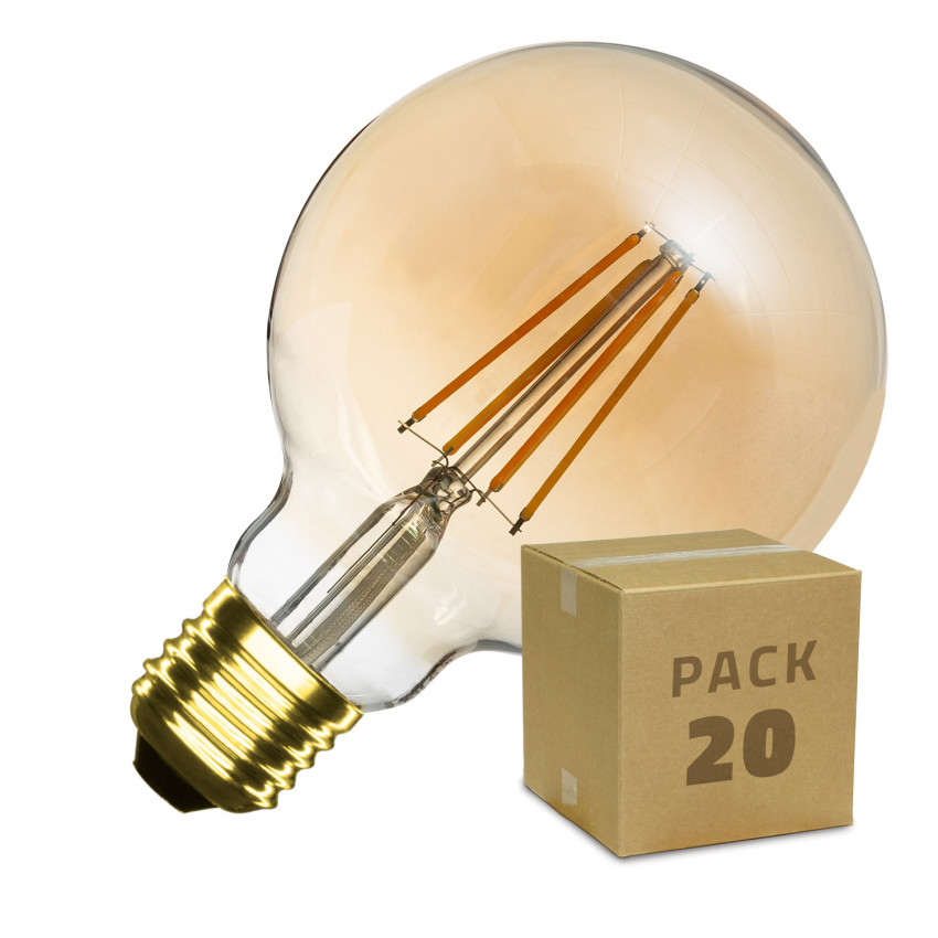 Caixa de 20 Lâmpadas LED E27 Regulável Filamento Gold Planet G95 6W Branco Quente