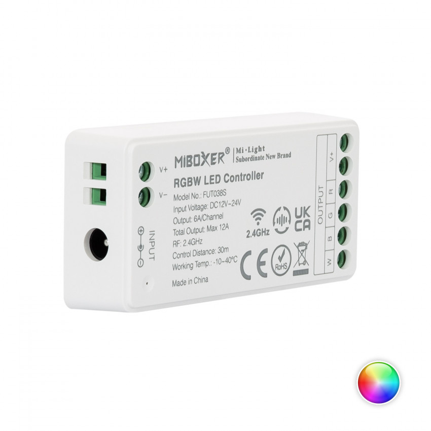 Controlador Tira LED RGBW 12/24V DC MiBoxer FUT038S compatible con Mando RF