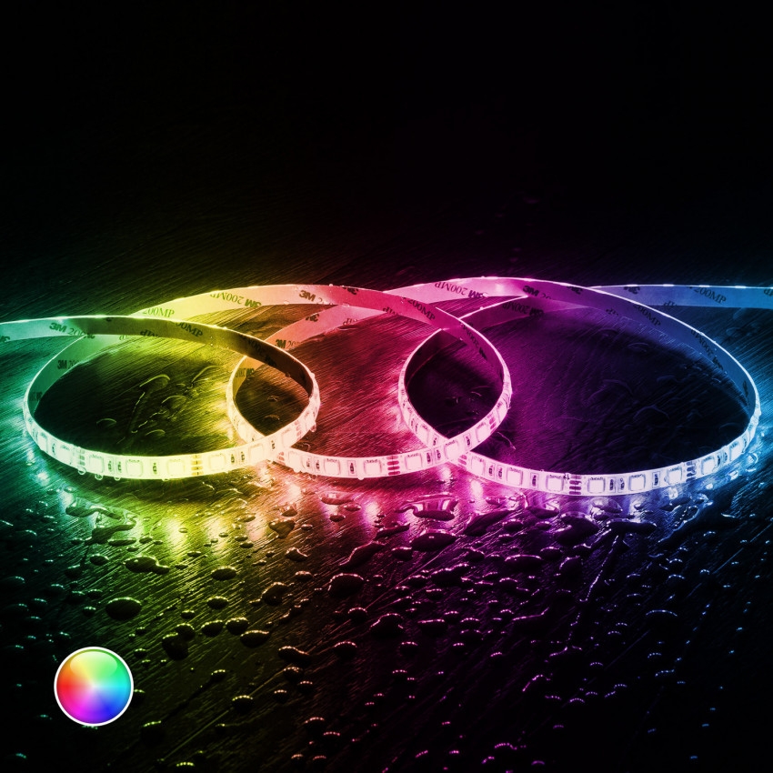 Kit Tira LED RGB 24V DC IP65 60LED/m 5m Ancho 10mm con Controlador WiFi y Fuente Alimentación Corte cada 10cm
