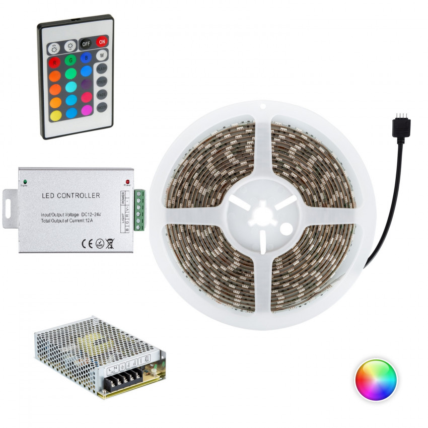 Producto de Kit Tira LED RGB 24V DC 60LED/m 5m IP65 Ancho 10mm con Fuente de Alimentación y Controlador Corte cada 10cm
