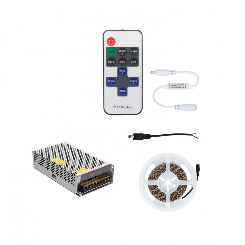 Producto de Tira LED 24V DC 60LED/m 5m IP20 Ancho 10mm Monocolor con Mando Inalámbrico y Alimentación Corte cada 10cm